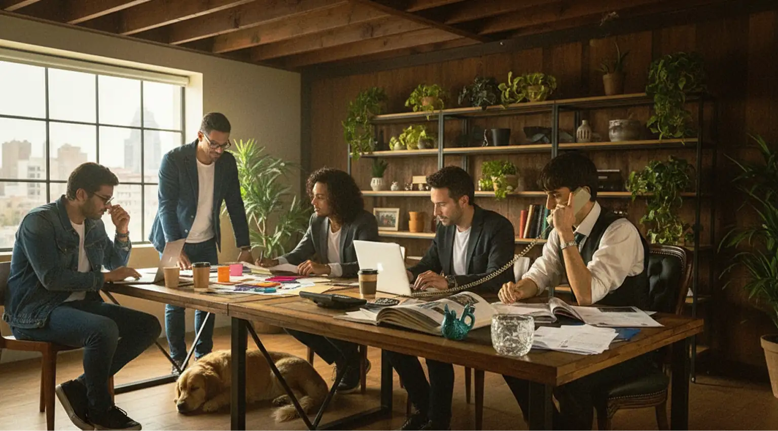 A small-business team collaborating around a table in a warm, plant-filled office